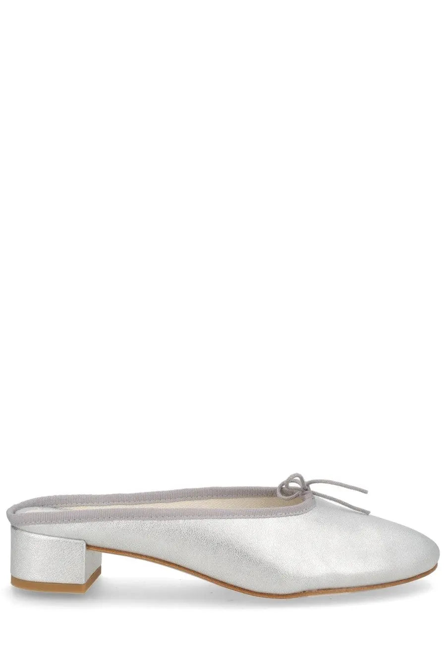 Repetto women’s ballerina mule camille silver with silver metallic leather, low block heel, and delicate bow at the toe