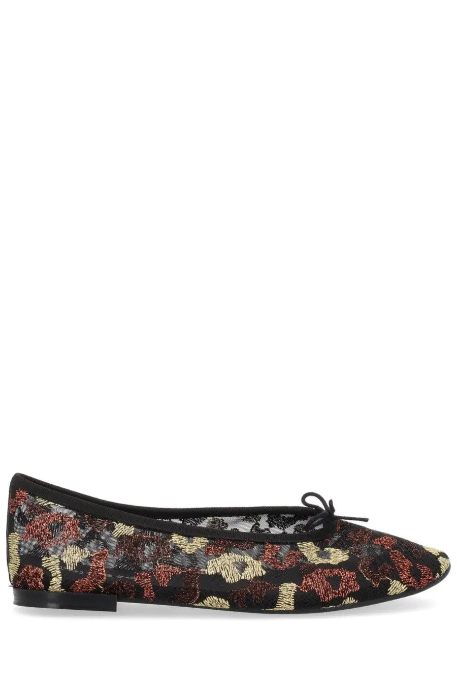 Repetto women’s dancer lilouh black ballet flat with shimmering rust and gold leopard print and black bow at toe