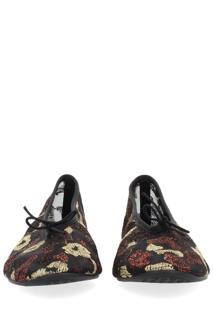 Repetto women’s dancer lilouh black ballet flats with shimmering gold and burgundy floral pattern and black laces tied front