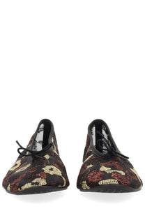 Repetto women’s dancer lilouh black ballet flats with shimmering gold and burgundy floral pattern and black laces tied front
