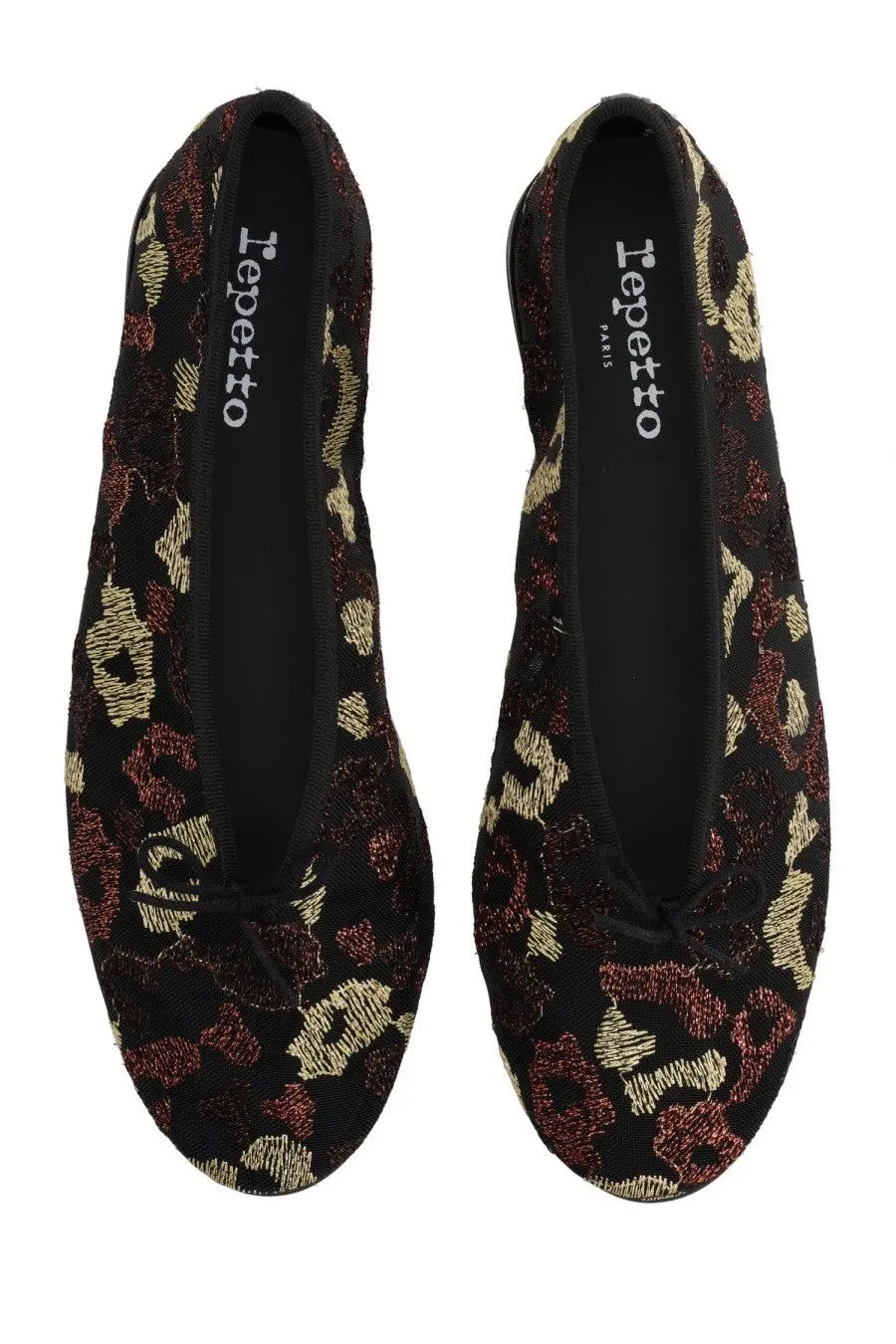 Repetto women’s dancer lilouh black ballet flats with gold and burgundy floral pattern and small front bow