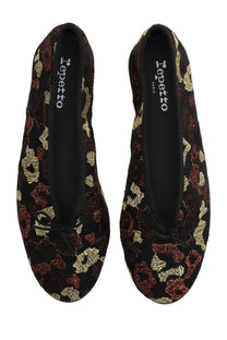 Repetto women’s dancer lilouh black ballet flats with gold and burgundy floral pattern and small front bow