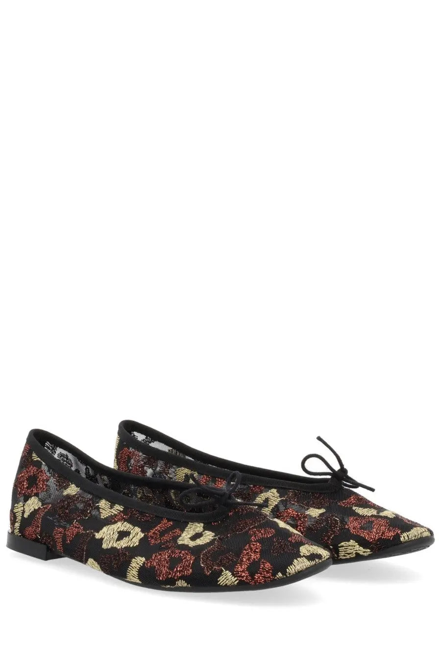 Repetto women’s dancer lilouh black ballet flats with vibrant red and gold floral pattern lace trim and bow at the toe