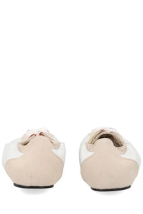 Repetto women’s sneaker tennis multicolor beige and white suede ballet flats with delicate ankle bow front view