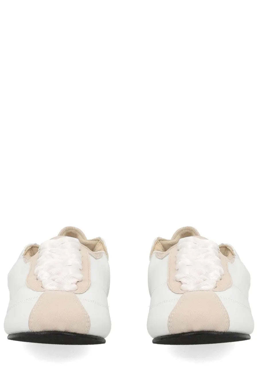 Back view of repetto women’s sneaker tennis multicolor white and beige leather with textured fluffy white patch
