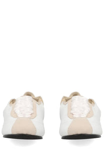 Back view of repetto women’s sneaker tennis multicolor white and beige leather with textured fluffy white patch