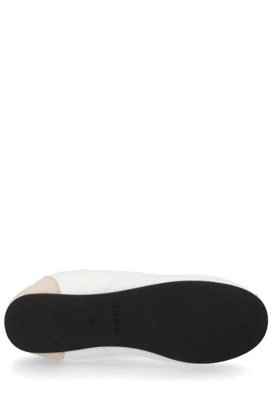 White leather flat Repetto women’s sneaker tennis shoe with black rubber sole in multicolor design