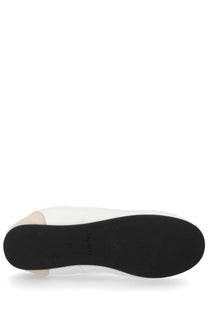 White leather flat Repetto women’s sneaker tennis shoe with black rubber sole in multicolor design