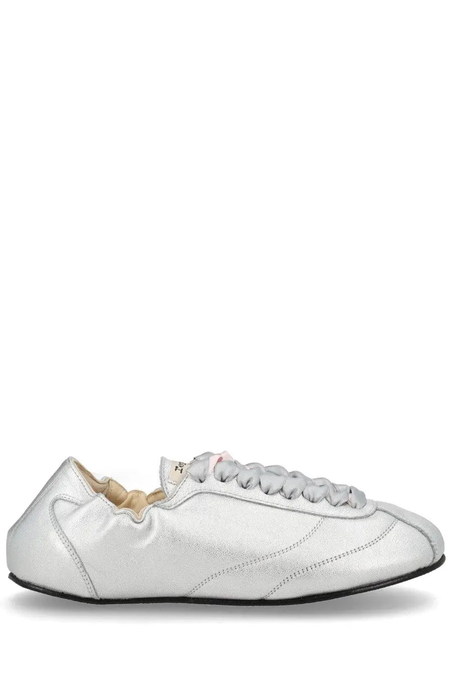 Repetto women’s sneaker tennis silk silver metallic leather shoe with braided laces and black rubber sole