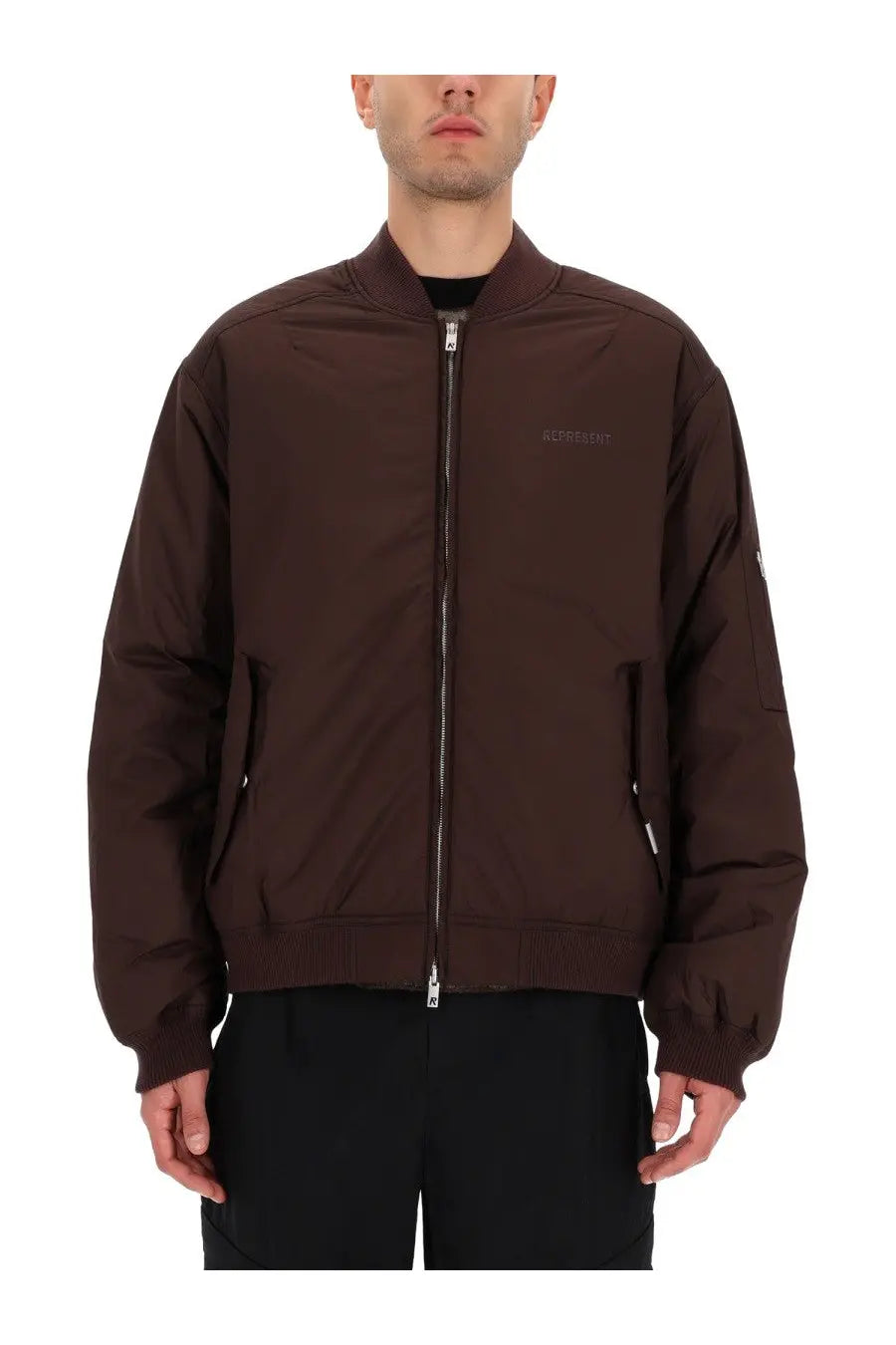 Represent men’s bomber jacket smart brown in dark brown with subtle embroidered logo and ribbed cuffs