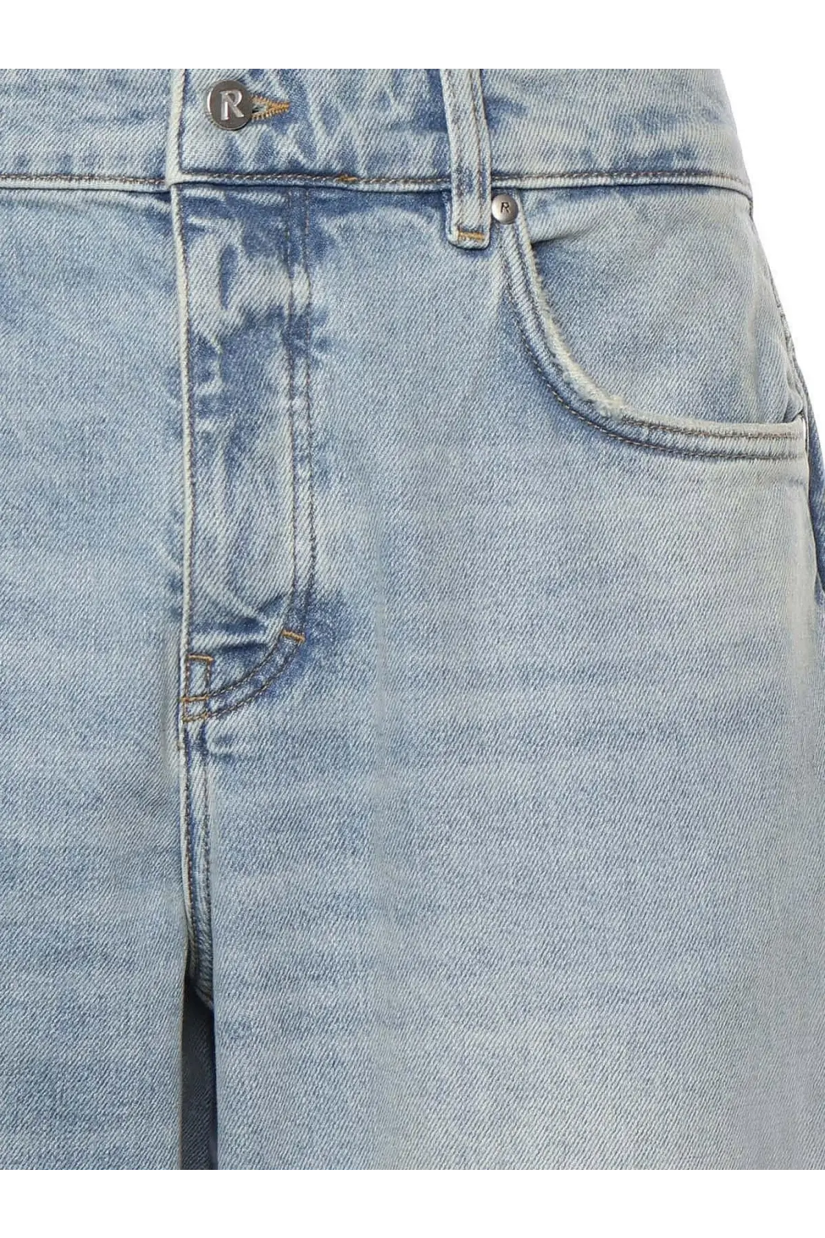 Represent men’s boot cut jeans in light-wash denim with a faded distressed look and visible stitching details