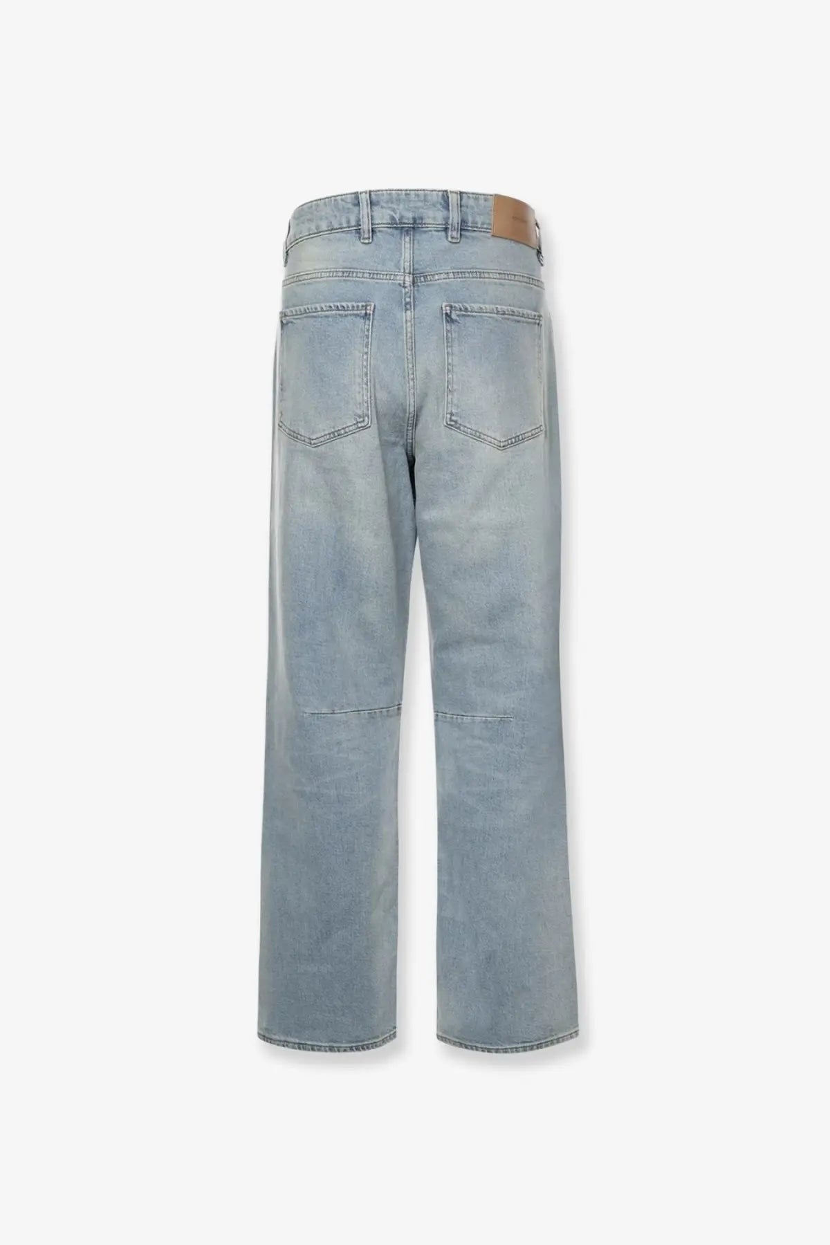 Back view of represent men’s boot cut jeans in blue light-wash denim with straight-leg cut and two back pockets
