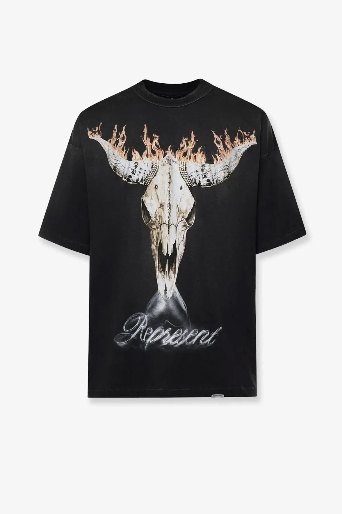 Black oversized cotton t-shirt featuring a detailed bull skull with flaming horns and represent script for men
