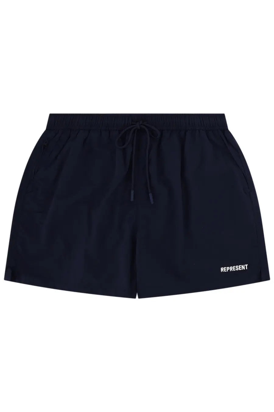 Represent men’s dark navy blue athletic shorts with drawstring waistband and white represent embroidery on lower right leg