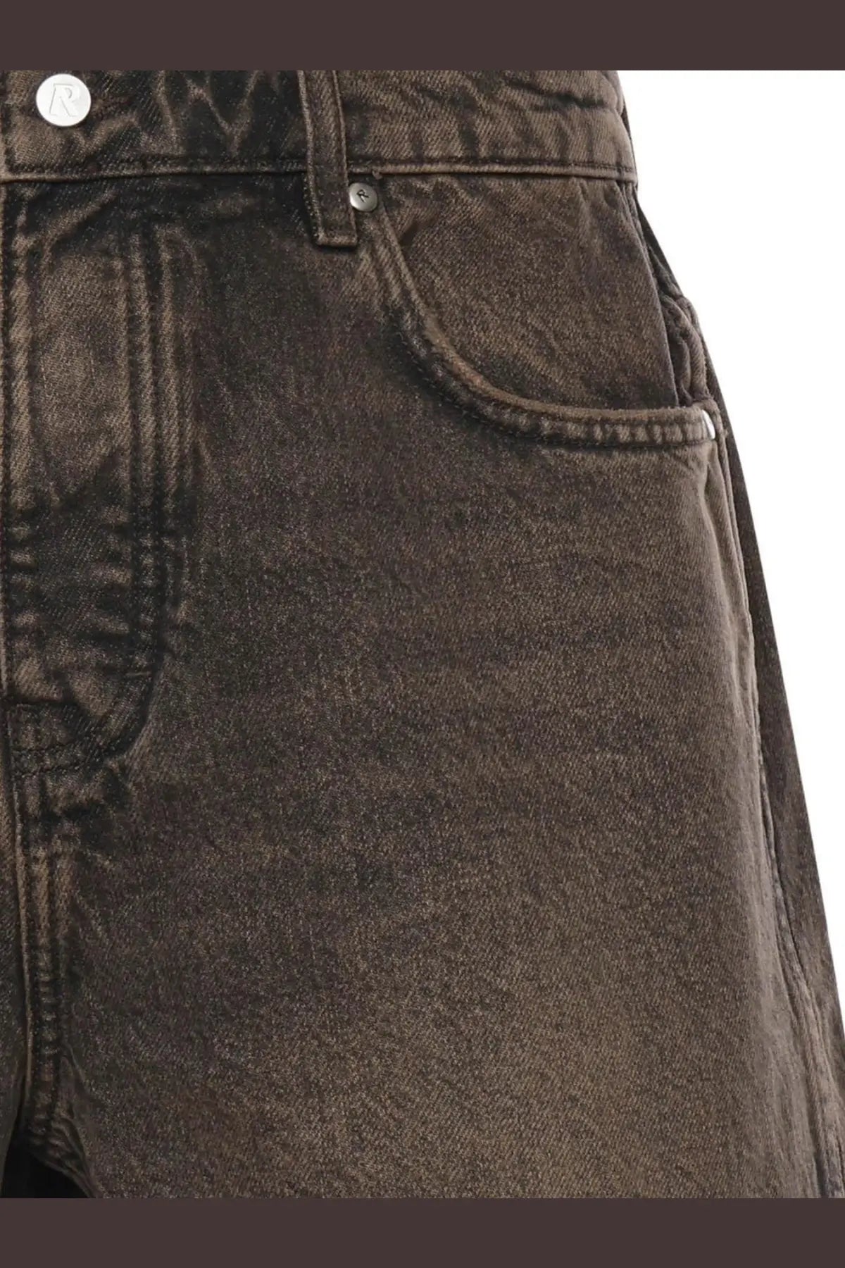 Dark gray denim jeans with faded distressed texture and visible stitching details for casual wear