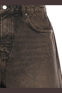 Dark gray denim jeans with faded distressed texture and visible stitching details for casual wear