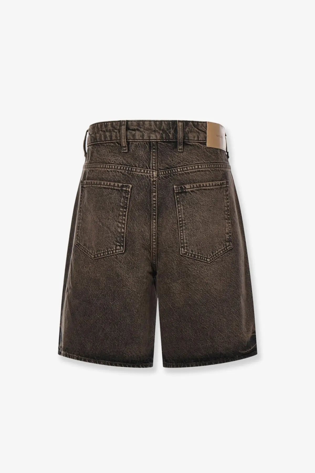Back view of represent mens brown high waisted cotton bermuda shorts with faded wash and classic pockets