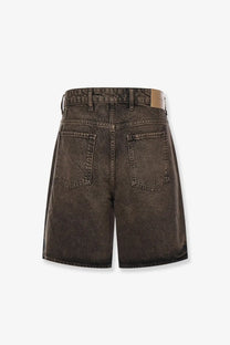 Dark brown high waisted denim bermuda shorts with faded wash and classic back pockets by represent men cotton
