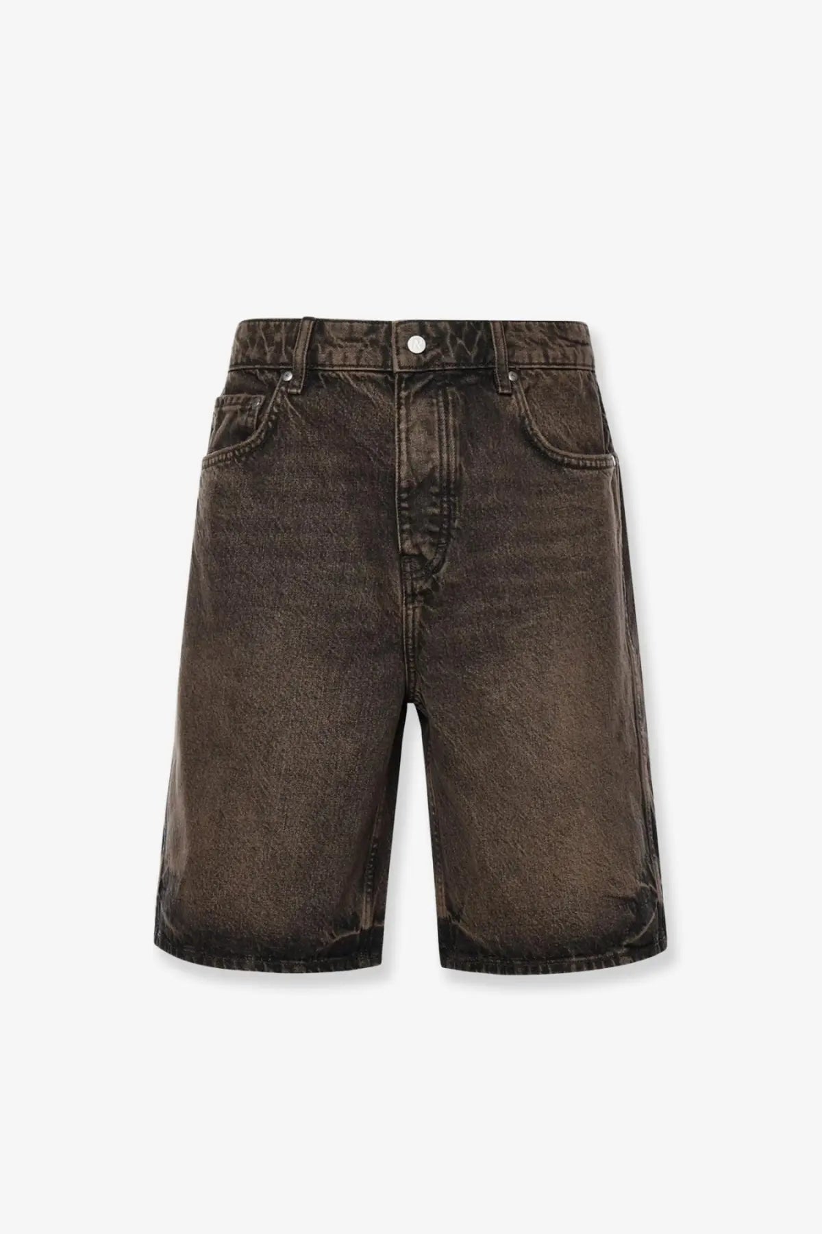 Represent men’s cotton bermuda shorts in brown with dark wash denim textured finish and classic five-pocket design