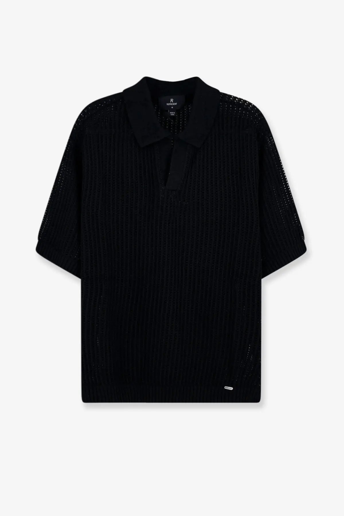 Black ribbed knit polo shirt with mesh detailing on shoulders and sleeves from represent mens cotton blend collection