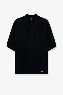 Black ribbed knit Represent men’s cotton blend polo shirt with mesh detailing on shoulders and sleeves