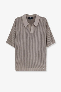 Represent men’s cotton blend beige knitted polo shirt with textured open-weave pattern ribbed cuffs and hem