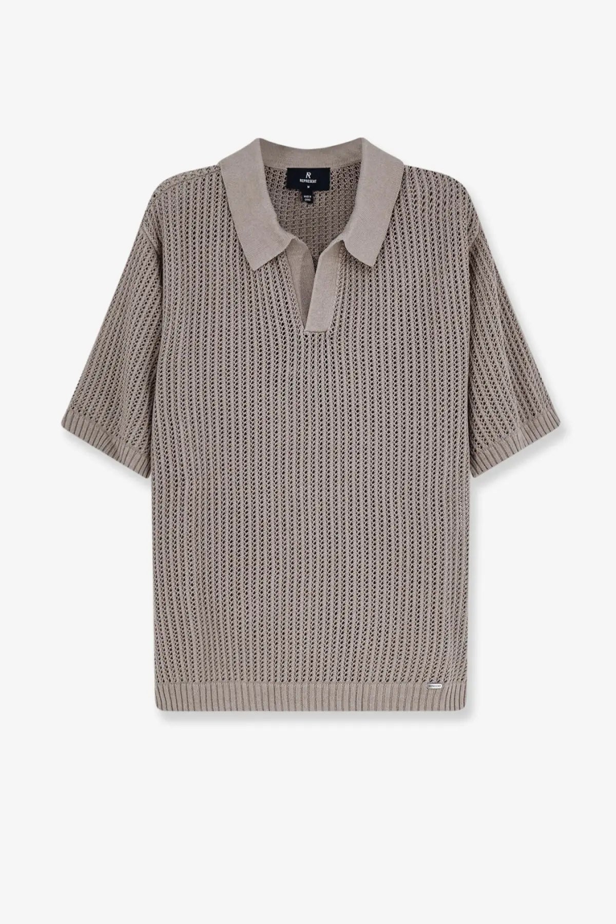 Beige knitted polo shirt with open weave pattern ribbed cuffs hem part of represent men’s cotton blend green shirt line