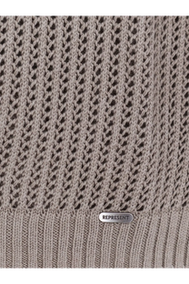 A taupe knitted sweater with textured openwork pattern and ribbed hem with silver represent brand tag