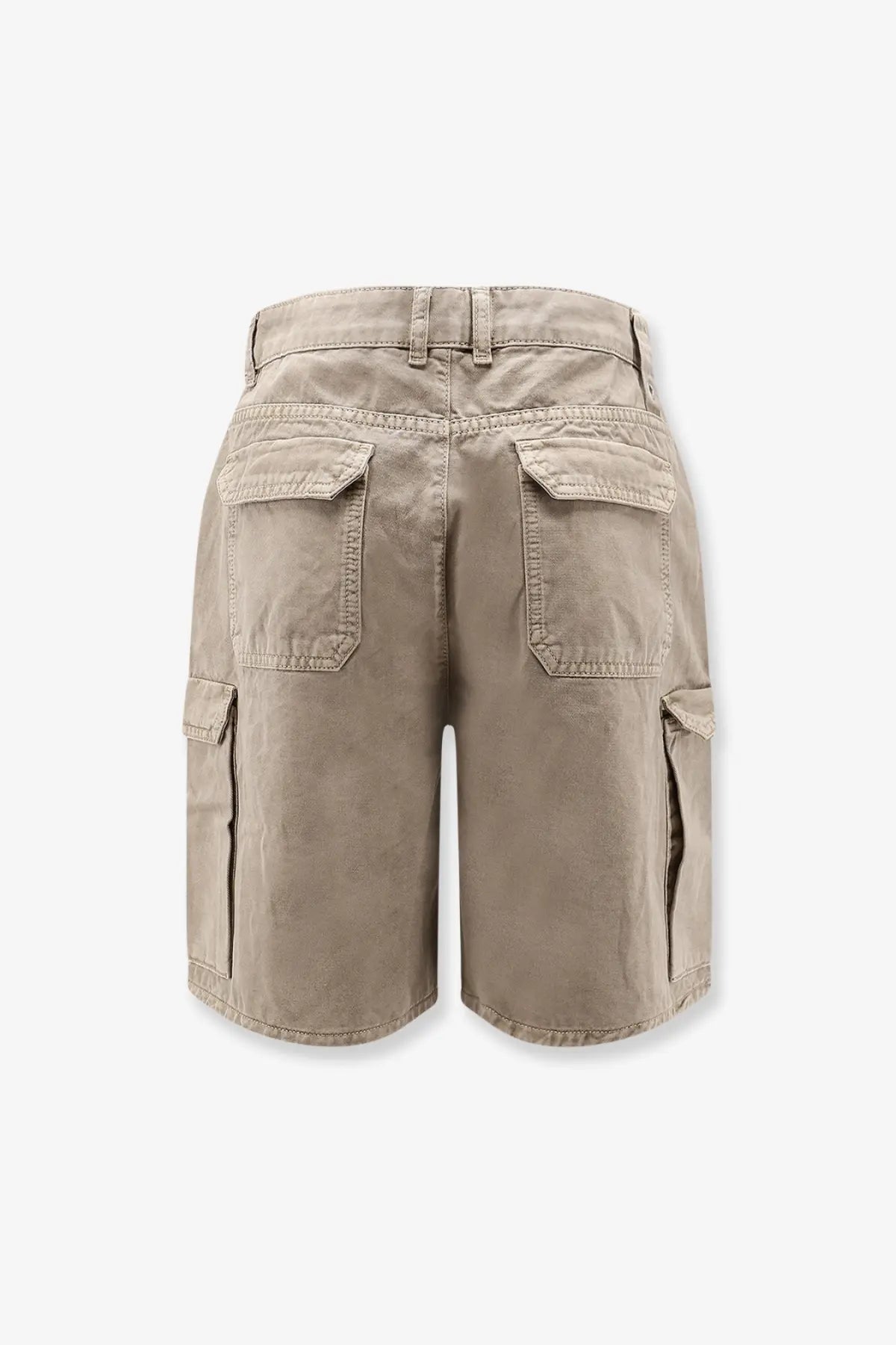 Beige cotton cargo bermuda shorts for men by Represent with multiple pockets and durable fabric finish