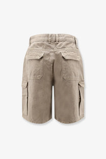 Beige cotton cargo bermuda shorts for men by Represent with multiple pockets and durable fabric finish