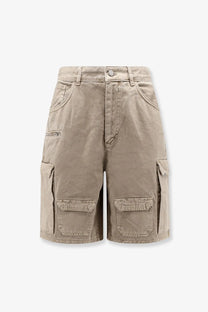 Beige cotton cargo bermuda shorts for men by represent with multiple pockets and button closure
