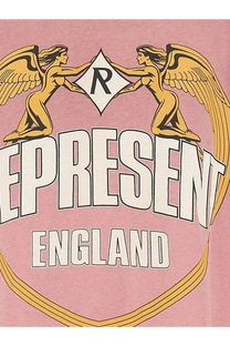 Represent men’s beige cotton t-shirt with bold gold winged figures and diamond r emblem above represent england text