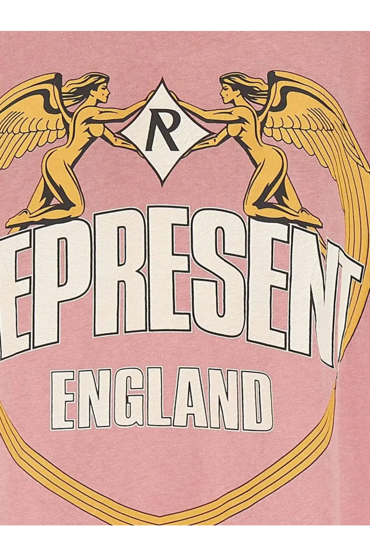 Pink cotton t-shirt with bold golden winged figures and diamond shaped r emblem above represent england text