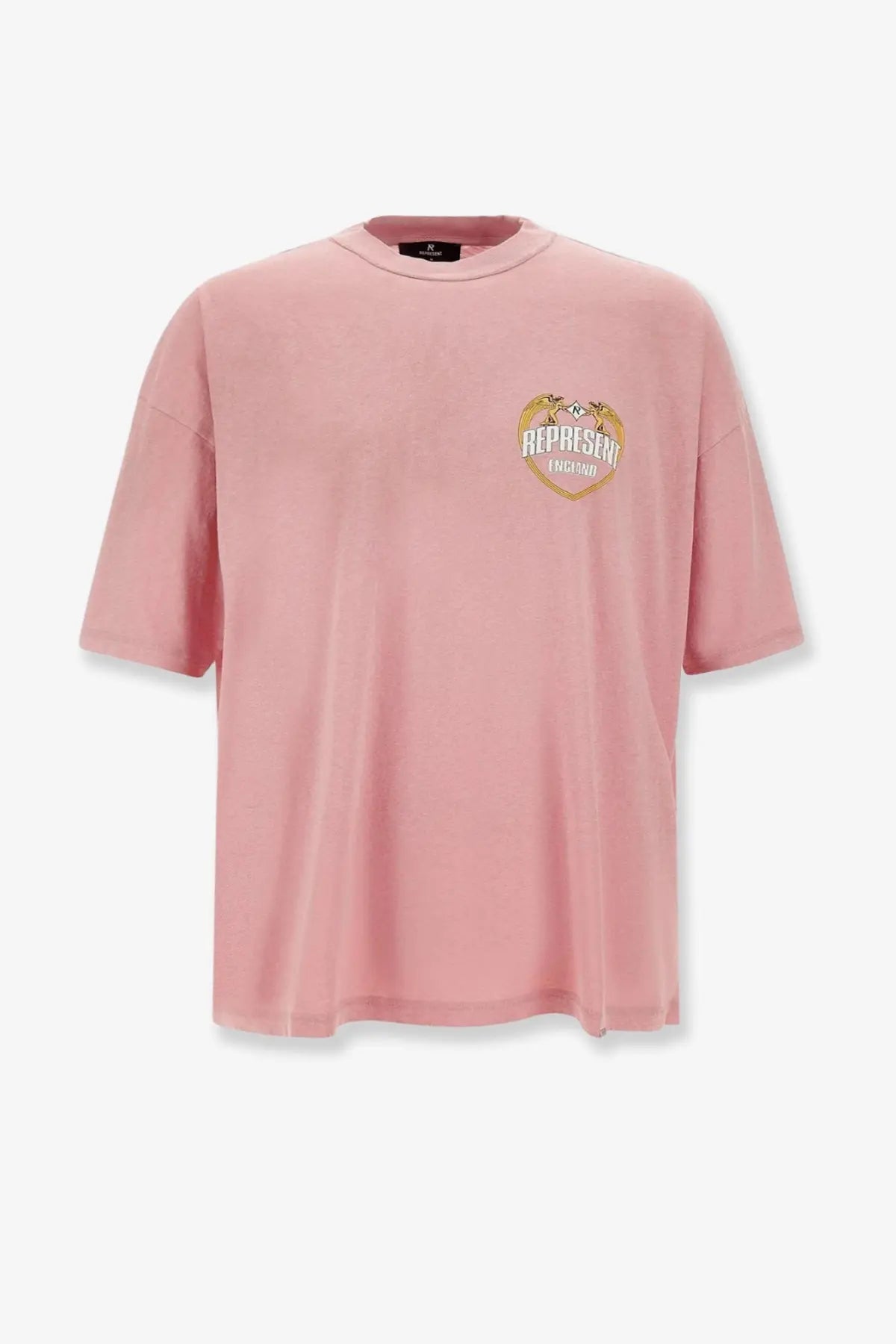 Represent men’s cotton shirt beige oversized soft pink crewneck with gold embossed heart shaped represen logo