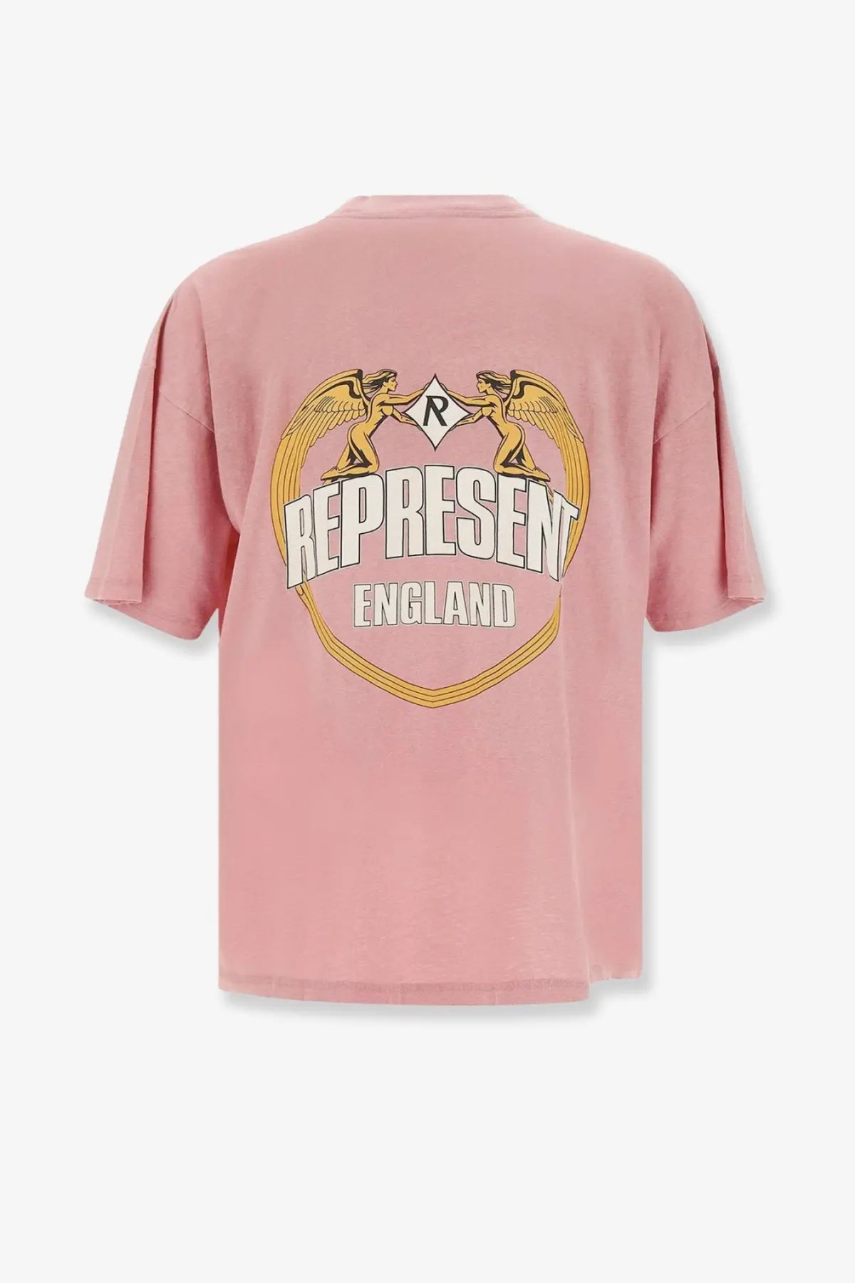Represent men’s cotton shirt beige featuring a soft pink oversized design with golden winged figures and white represent text