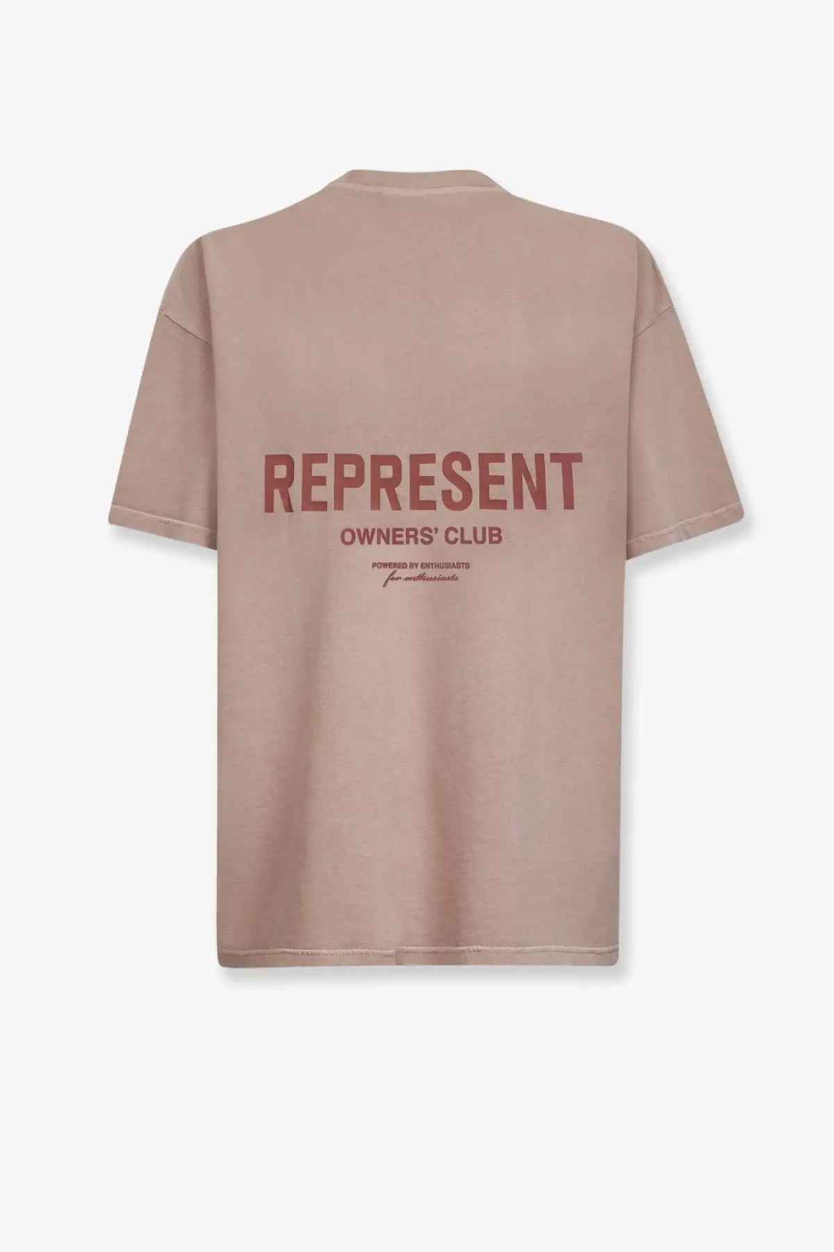 Beige short-sleeved cotton shirt with bold red represent owners club graphic on the back for men by Represent