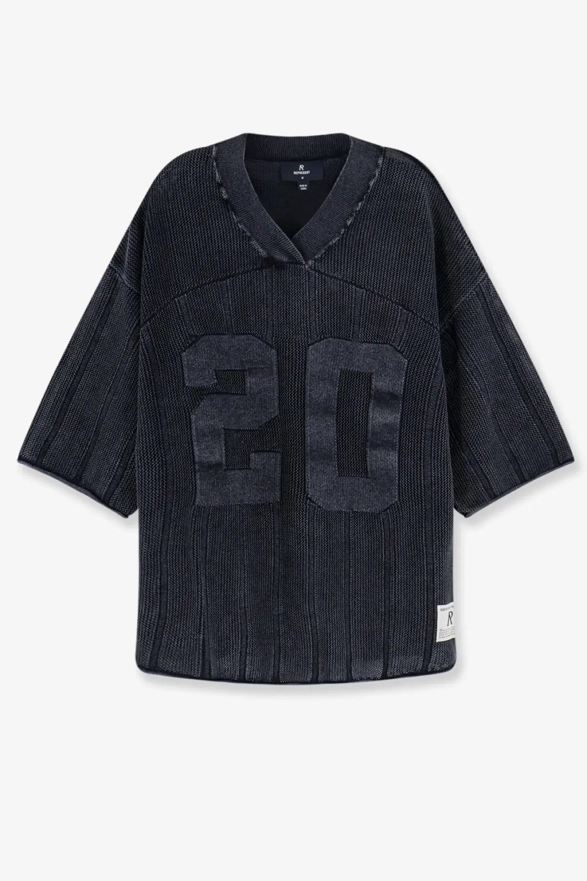 Represent men’s cotton sweater grey black ribbed knit jersey with oversized v-neck and bold 20 number in dark gray fabric