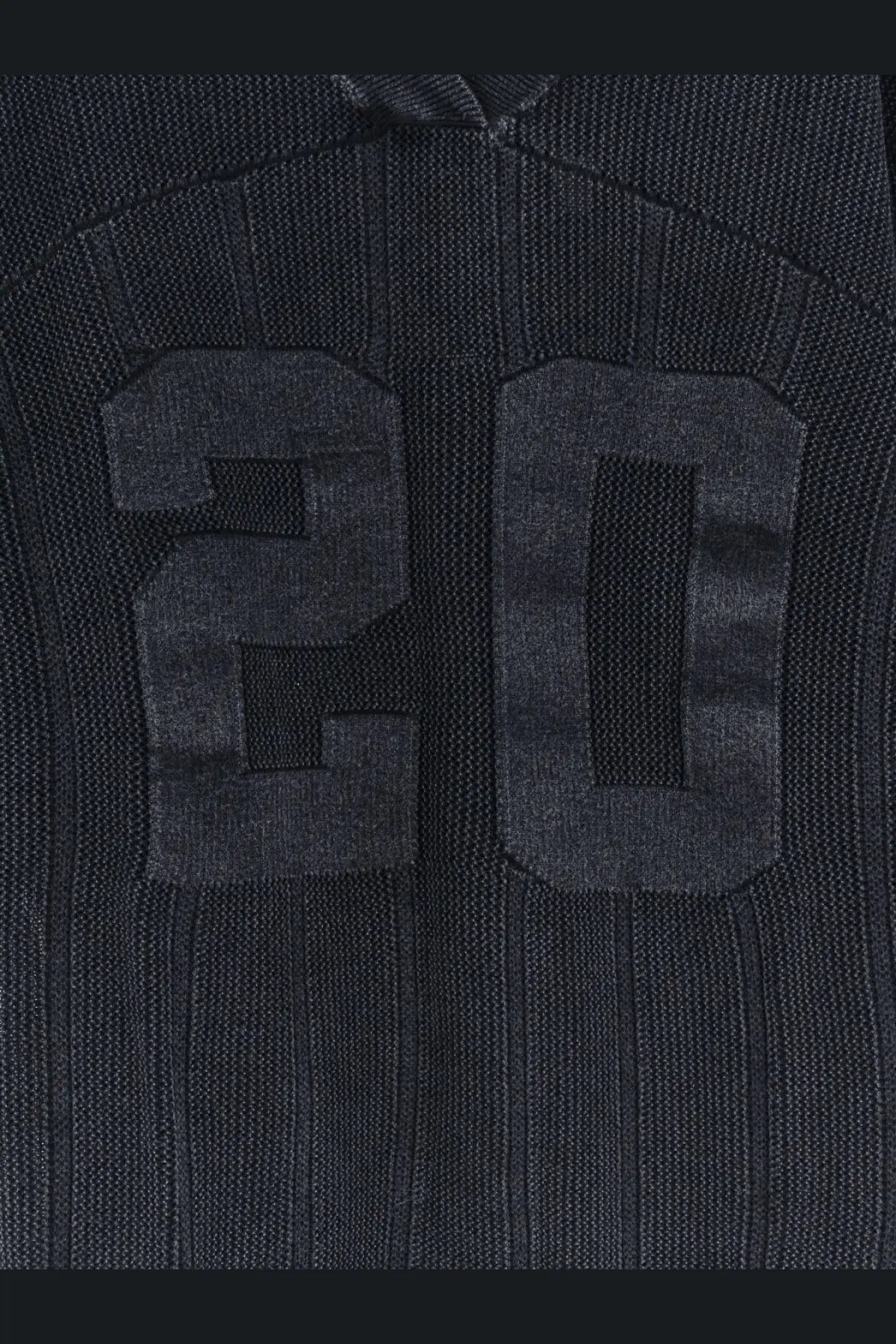Represent men’s dark blue cotton ribbed knit sweater with textured 20 appliqué in matching fabric