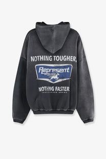 Dark gray represent men’s cotton sweatshirt with faded logo and bold white text nothing tougher nothing faster