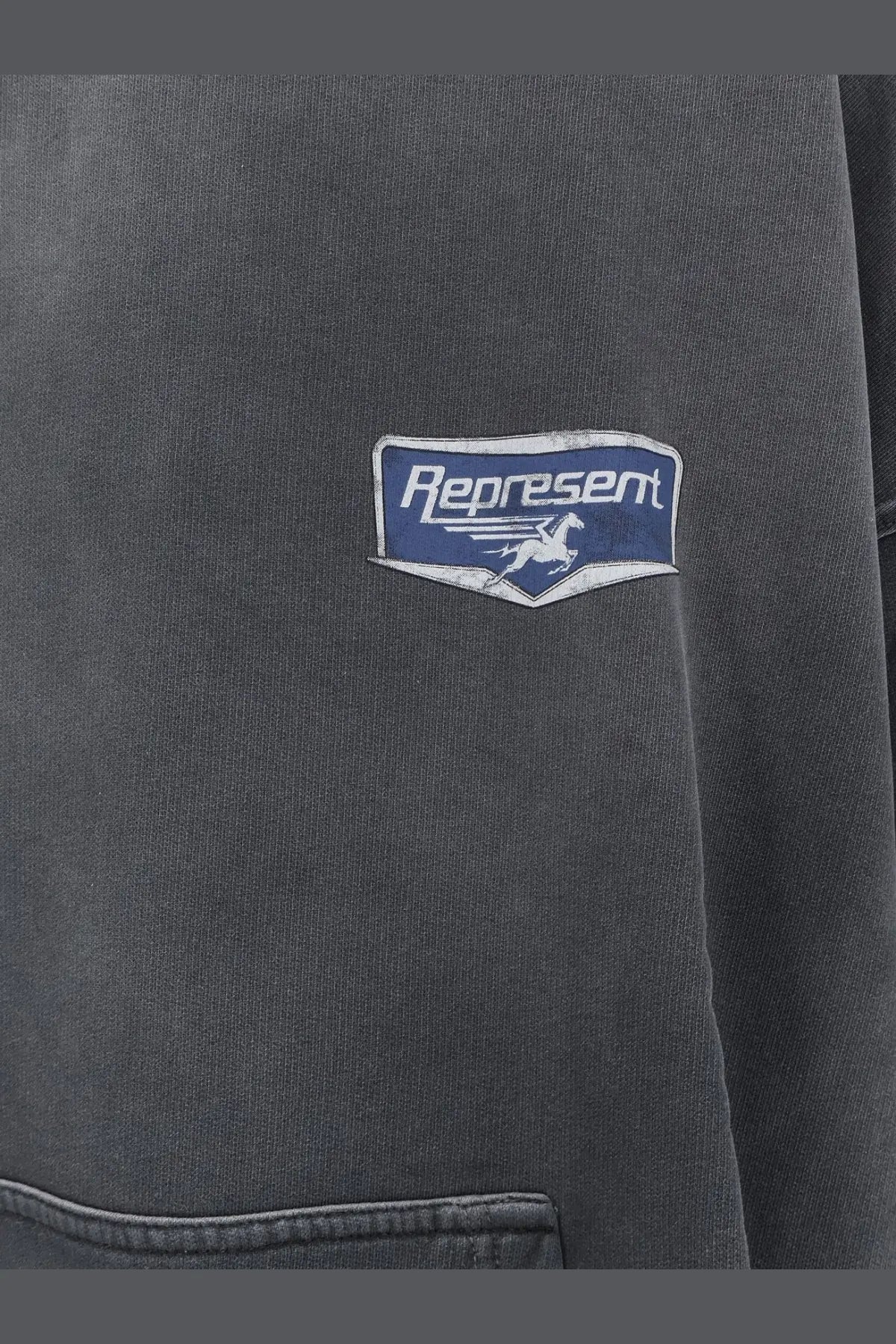 Dark gray cotton jacket with blue and white embroidered represent patch and flying horse logo on front for men