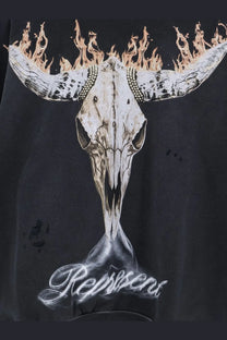 Represent men’s black cotton sweatshirt featuring a detailed flaming bull skull graphic with spiked horns and reps script