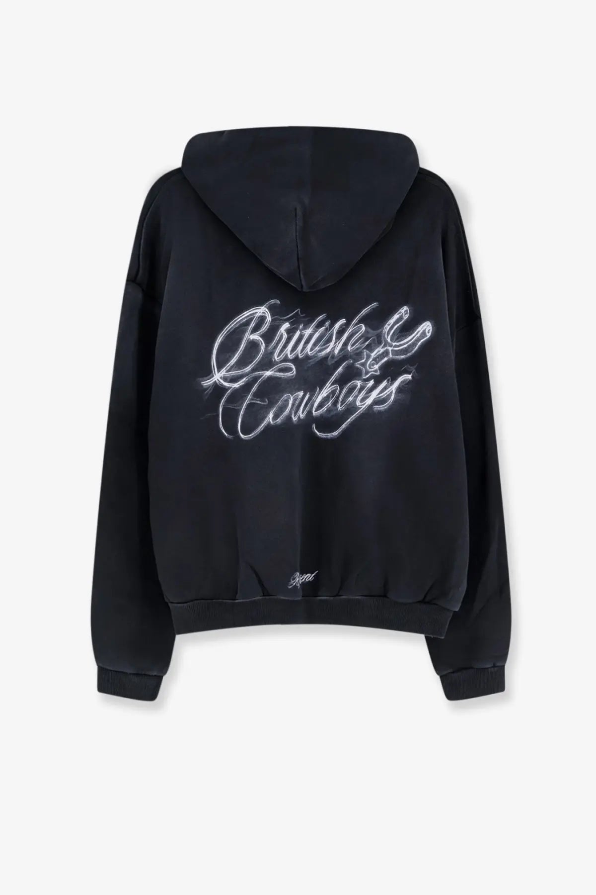 Back of represent men’s black cotton sweatshirt hoodie with british cowboys embroidered in glowing white script