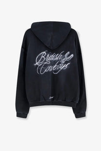 Back of represent men’s black cotton sweatshirt hoodie with british cowboys embroidered in glowing white script