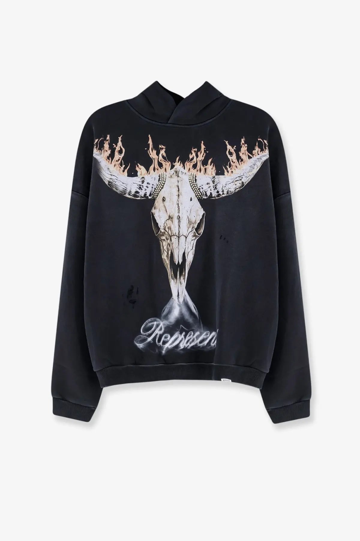 Represent mens cotton sweatshirt black featuring a flaming bull skull graphic and cursive represent text on front