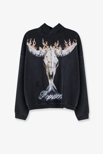 Represent mens cotton sweatshirt black featuring a flaming bull skull graphic and cursive represent text on front