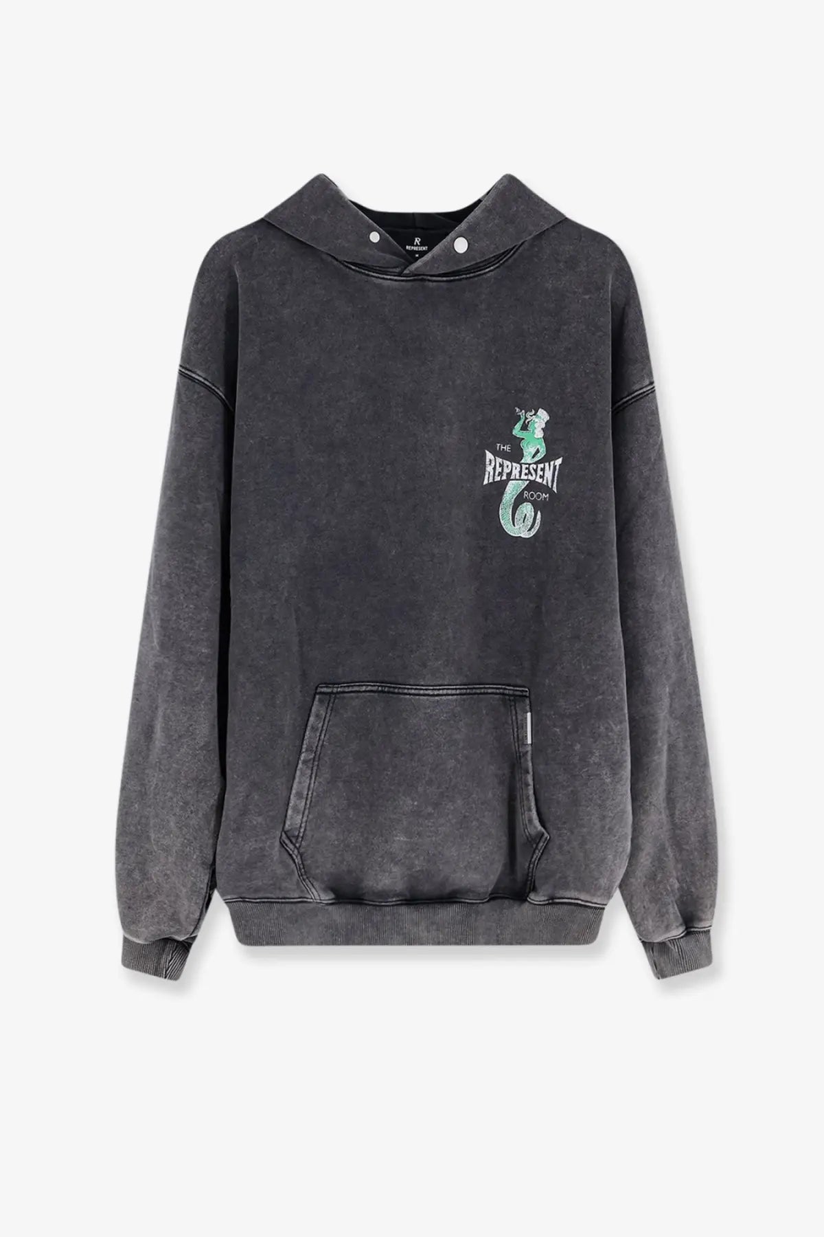 Represent men’s grey cotton sweatshirt with green mermaid graphic and the represent text on the chest