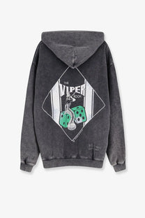 Dark gray cotton hoodie with the viper room diamond graphic, snake design, and green dice for men by Represent