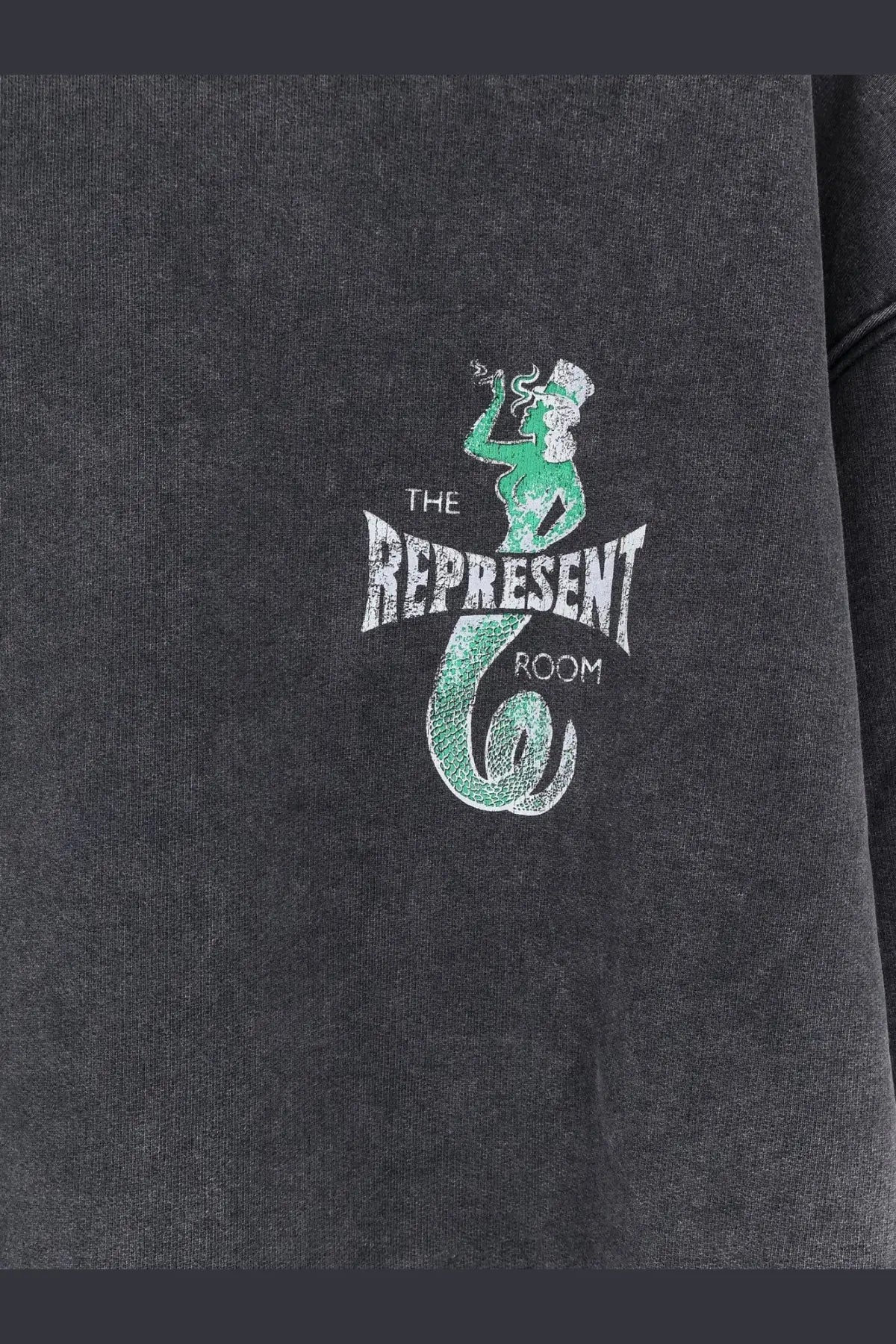 Represent men’s grey cotton sweatshirt with teal and white mermaid graphic and the represent room text below