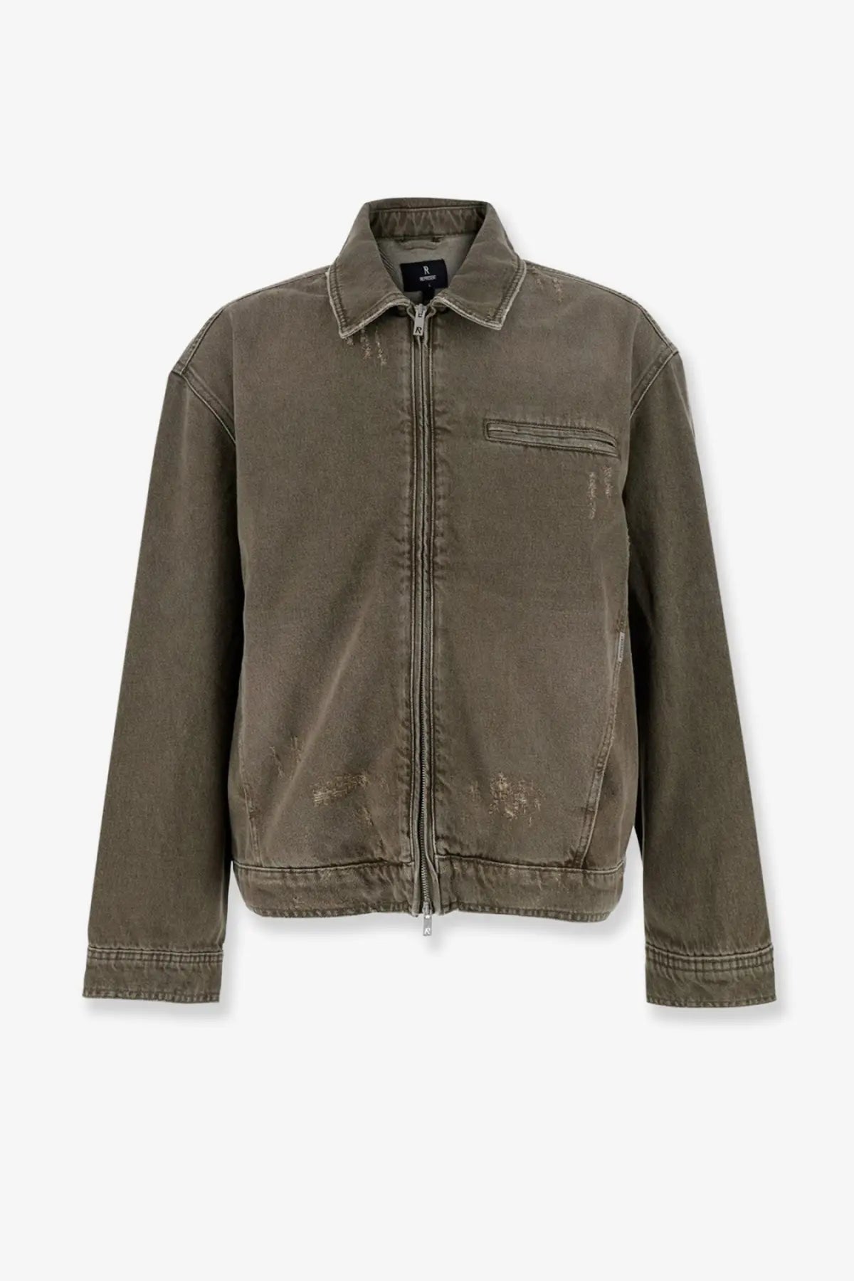 Olive green distressed denim jacket by represent with classic collar and front zipper for men