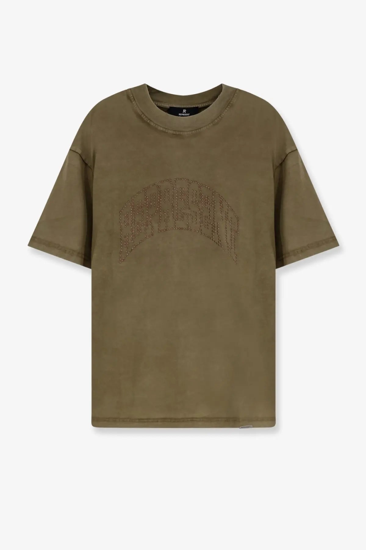 Olive green oversized cotton t-shirt with subtle arched graphic chest design from represent men’s collection